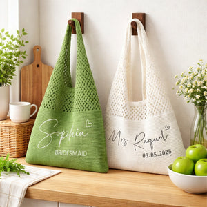 Personalized Knitted Crochet Tote Bag | Embroidered Name Beach Bag | Bridesmaid Gift for Her 684503