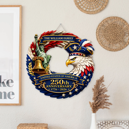 Personalized America 250th Anniversary Wooden Sign | Patriotic Eagle Door Wreath Wall Decor 684552