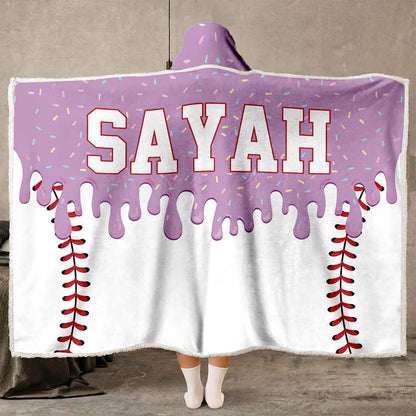 Personalized Baseball Drip Hooded Blanket, Custom Name & Number Ice Cream Drip Baseball Blanket 686375