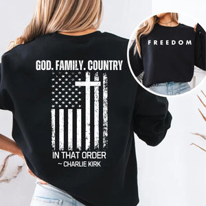 God Family Country In That Order Charlie Kirk Shirt | Justice Charlie Kirk Memorial Front & Back Shirt 683110