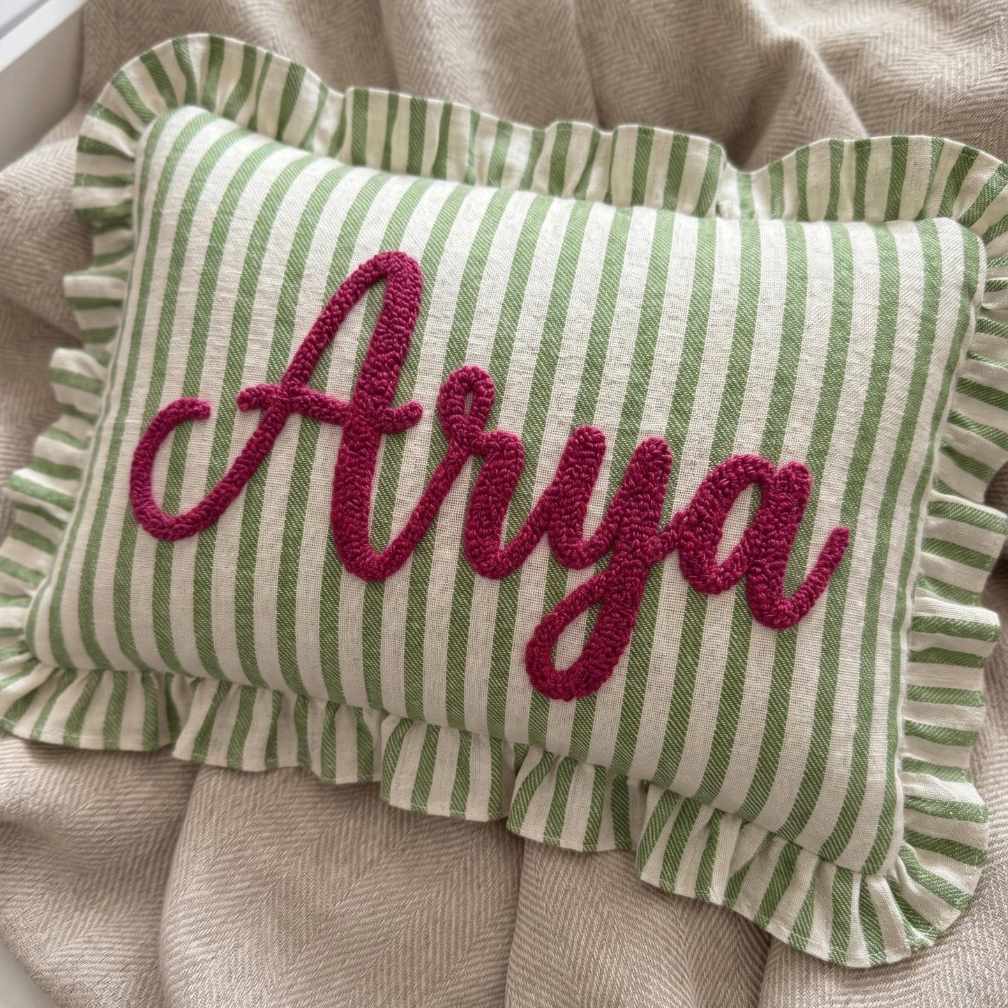 Custom Embroidered Name Pillow | Personalized Striped Ruffled Punch Needle Throw Pillow 685556 WFD