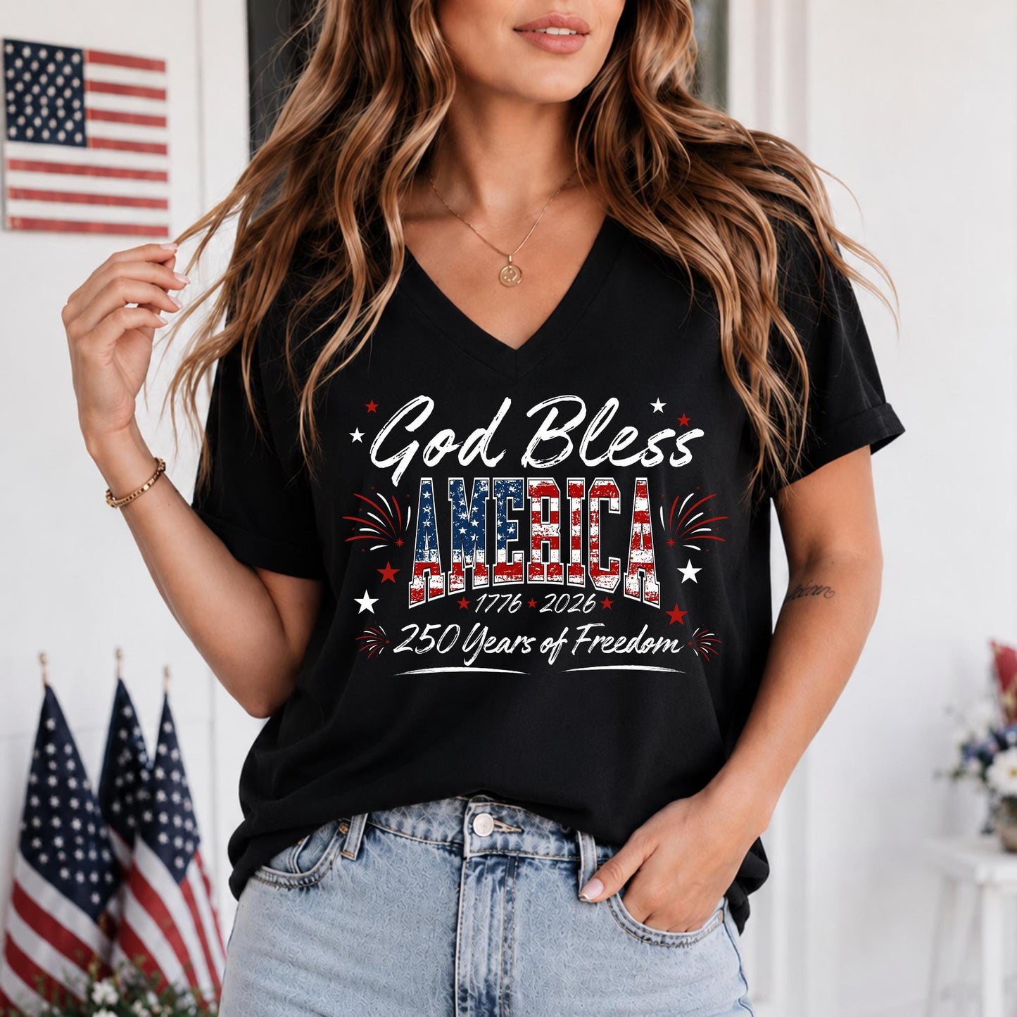 Personalized God Bless America V-Neck Shirt, 250 Years Of Freedom Patriotic Women Tee 685393