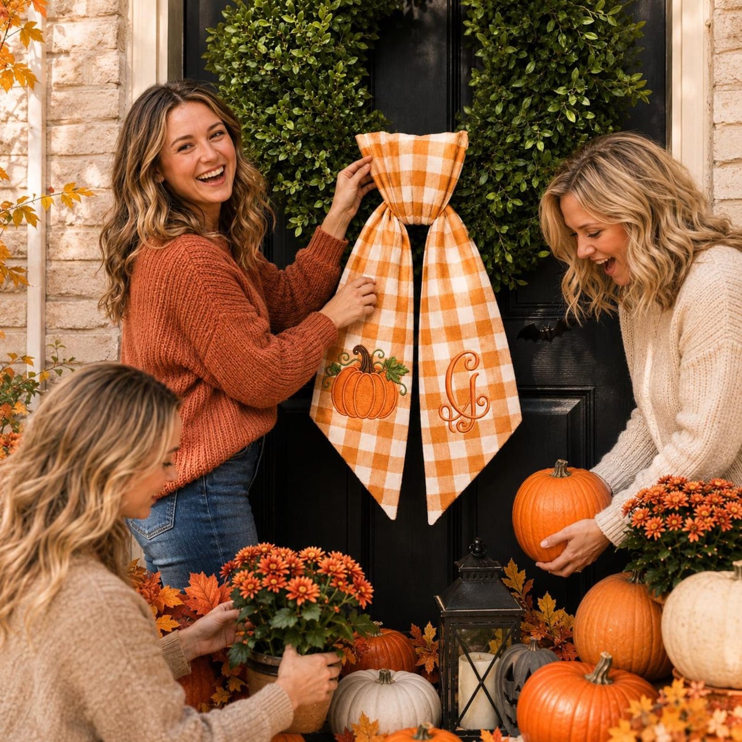 Personalized Pumpkin Wreath Sash, Embroidered Fall Monogram Gingham Door Bow, Thanksgiving Front Door Decor 686028 WFD