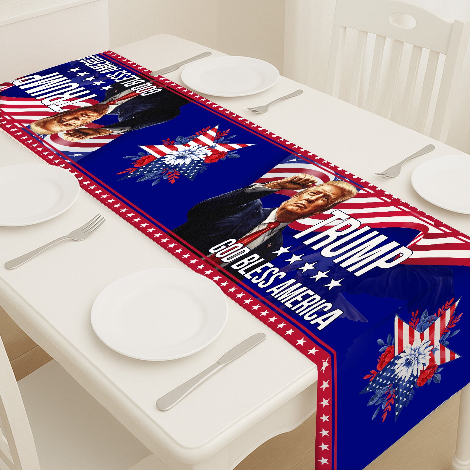 Trump God Bless America Table Runner | Trump Flag 4th Of July | Independence Day Table Runner For Kitchen 682351
