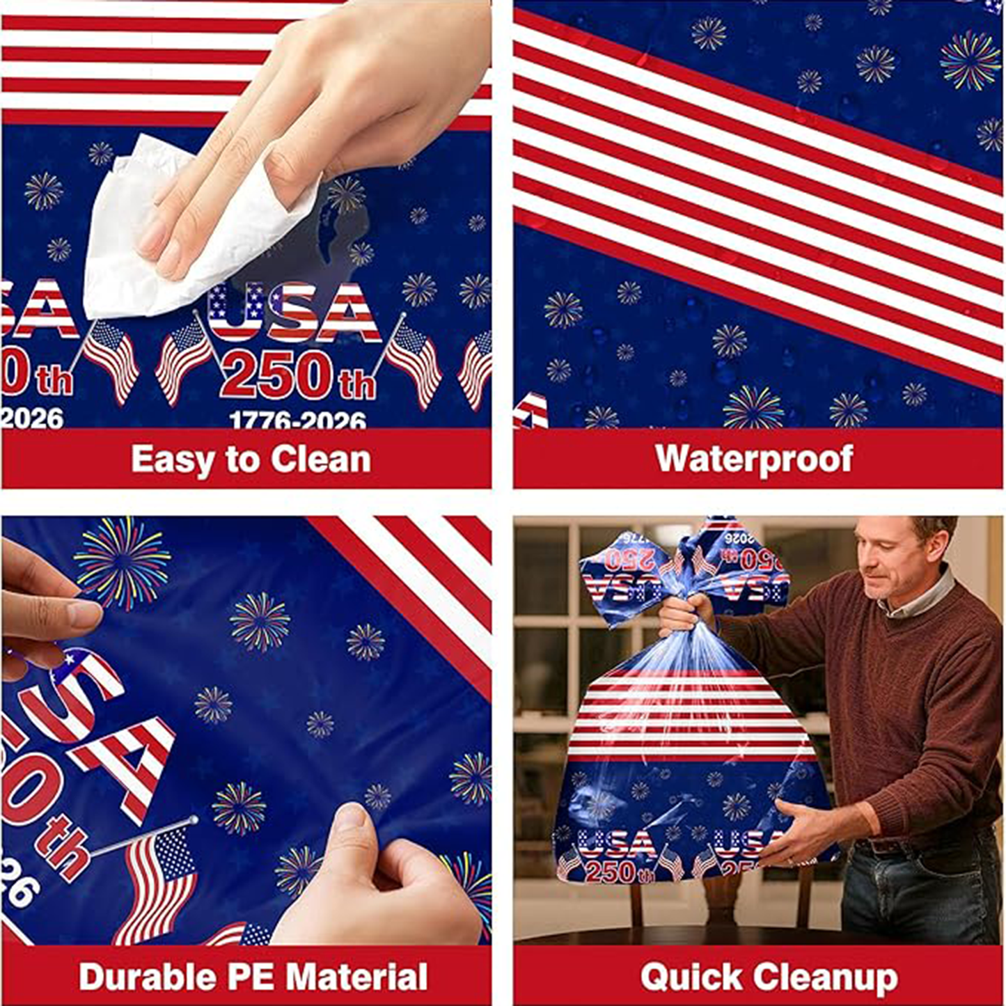 USA 250th Anniversary Tablecloth | Patriotic 1776–2026 Semiquincentennial Decor | Independence Day Table Decoration 685015
