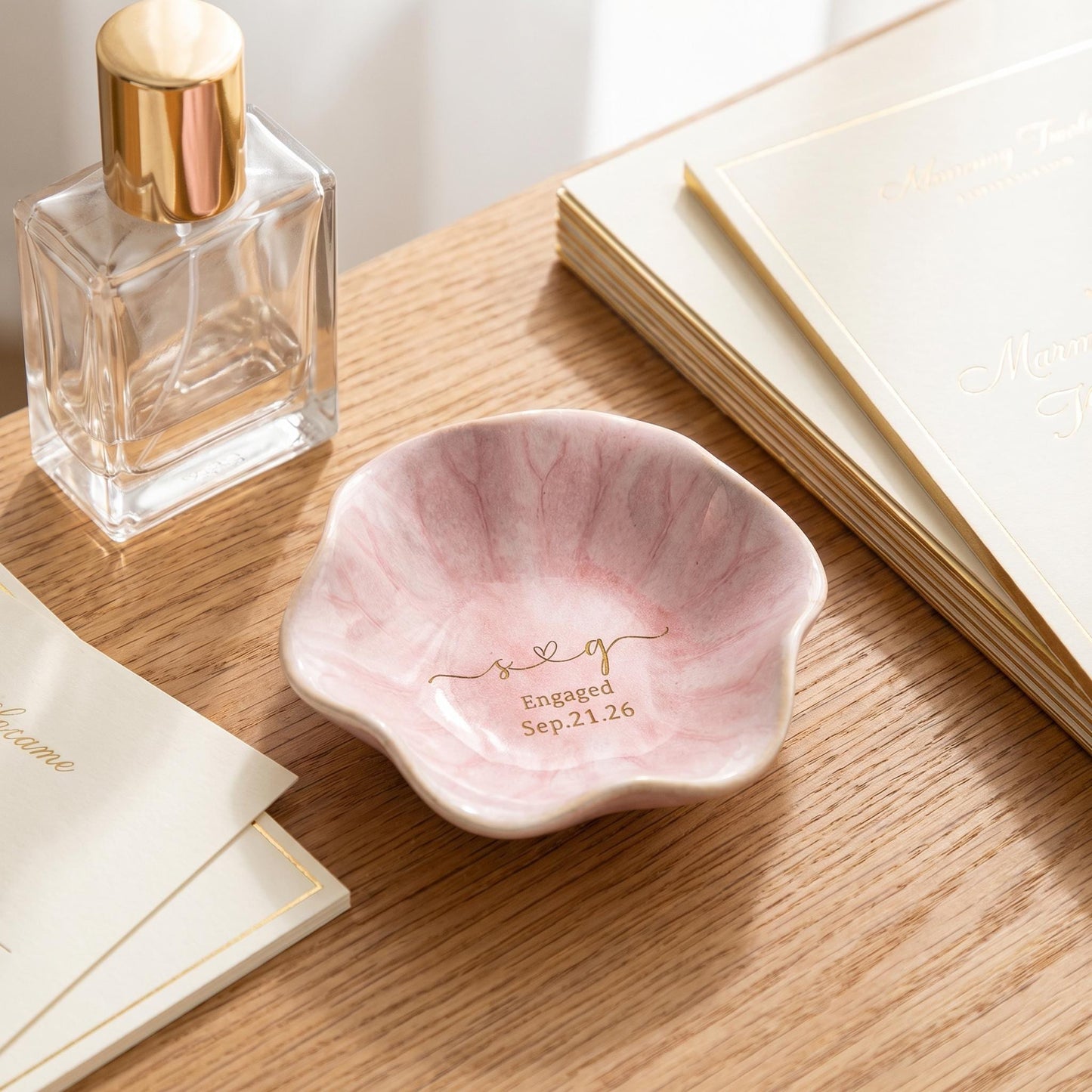 Custom Name Engaged Lotus Shape Jewelry Dish | Personalized Jewelry Dish | Wedding Date Gift 685474 WFD