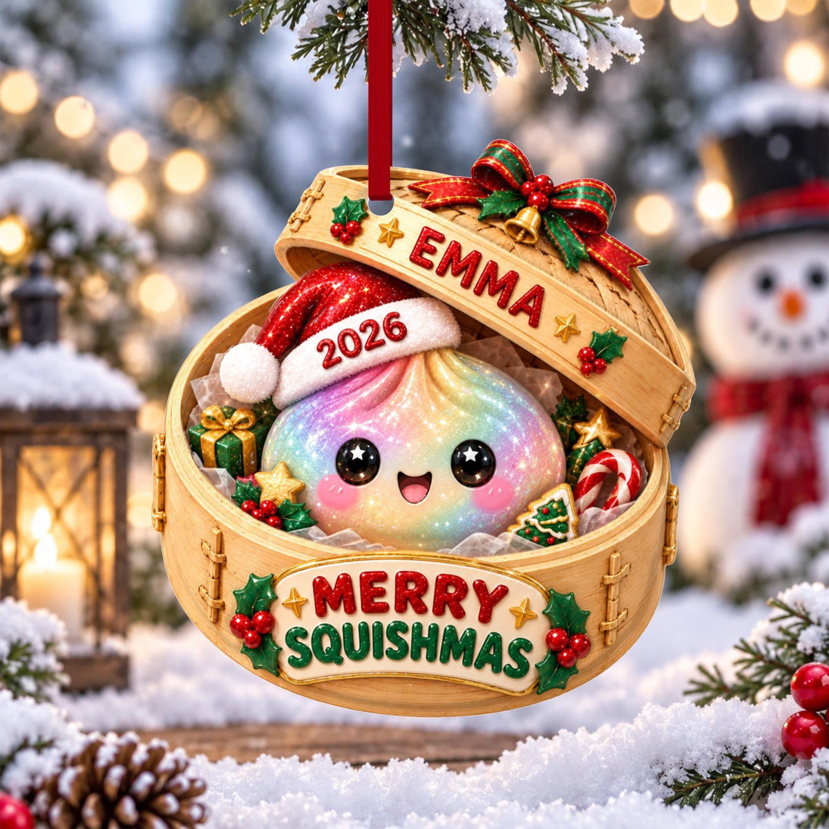 Personalized Glitter Dumpling 3D Relief White Acrylic Ornament, Custom Name Squishy Christmas Keepsake 686650