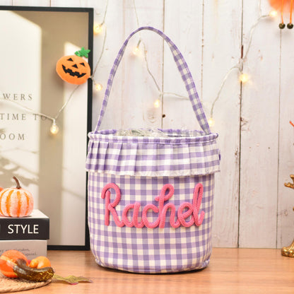 Personalized Halloween Candy Basket For Kids, Custom Name Trick Or Treat Bucket, Embroidered Gingham Bucket 685717 WFD