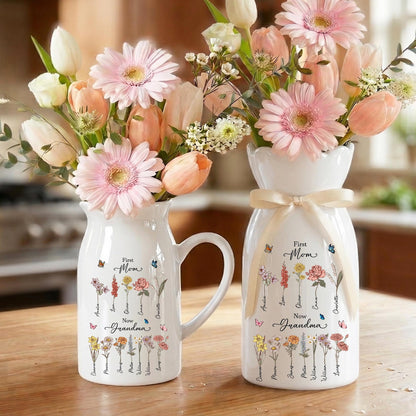 Custom Name First Mom Now Grandma Ceramic Flower Vase | Personalized Birth Month Flower Vase Gift For Mother's Day 684842