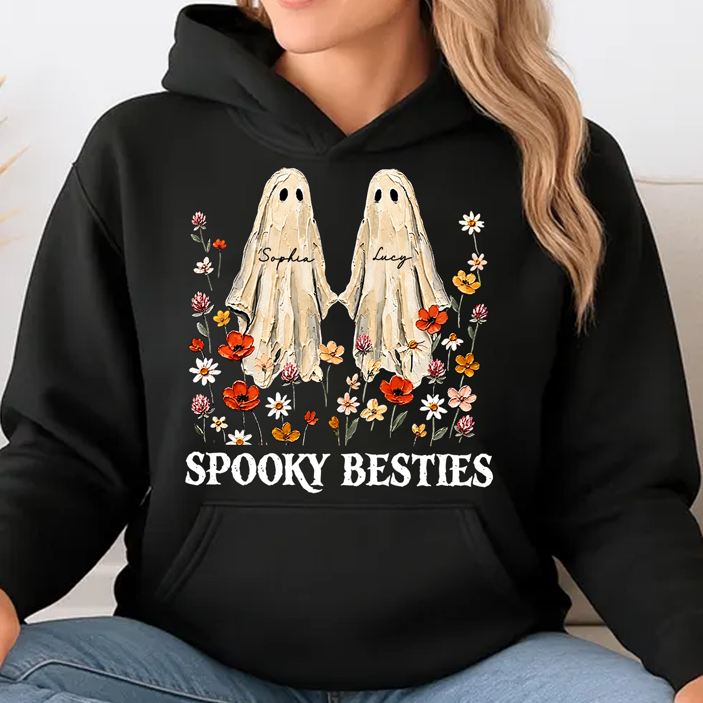Custom Name Spooky Besties Dark Shirt, Personalized Ghost Floral Tee, Halloween Gifts For Friends 685971