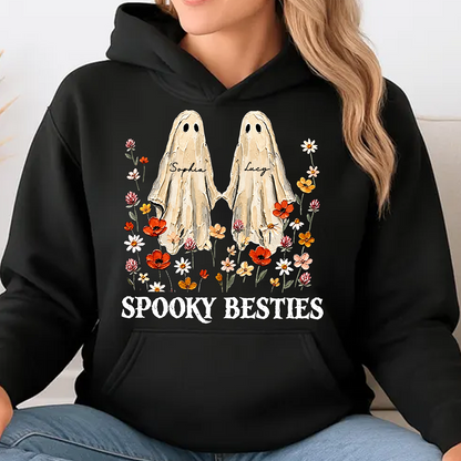 Custom Name Spooky Besties Dark Shirt, Personalized Ghost Floral Tee, Halloween Gifts For Friends 685971