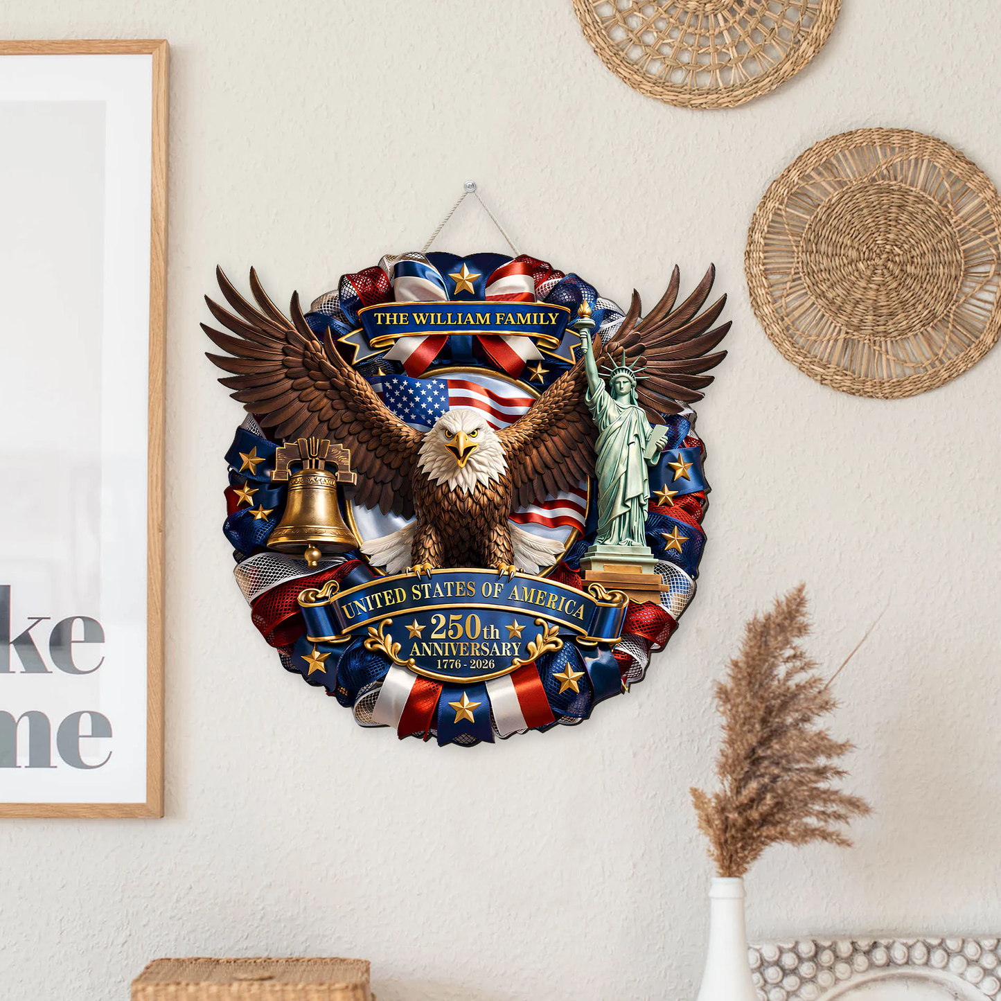 Personalized USA 250 Years Anniversary Wreath Wooden Sign | Patriotic Eagle Door Decor 684524