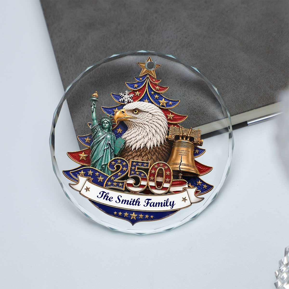 Personalized USA 250th Anniversary Glass Ornament, Custom Name Patriotic Christmas Ornament 686052
