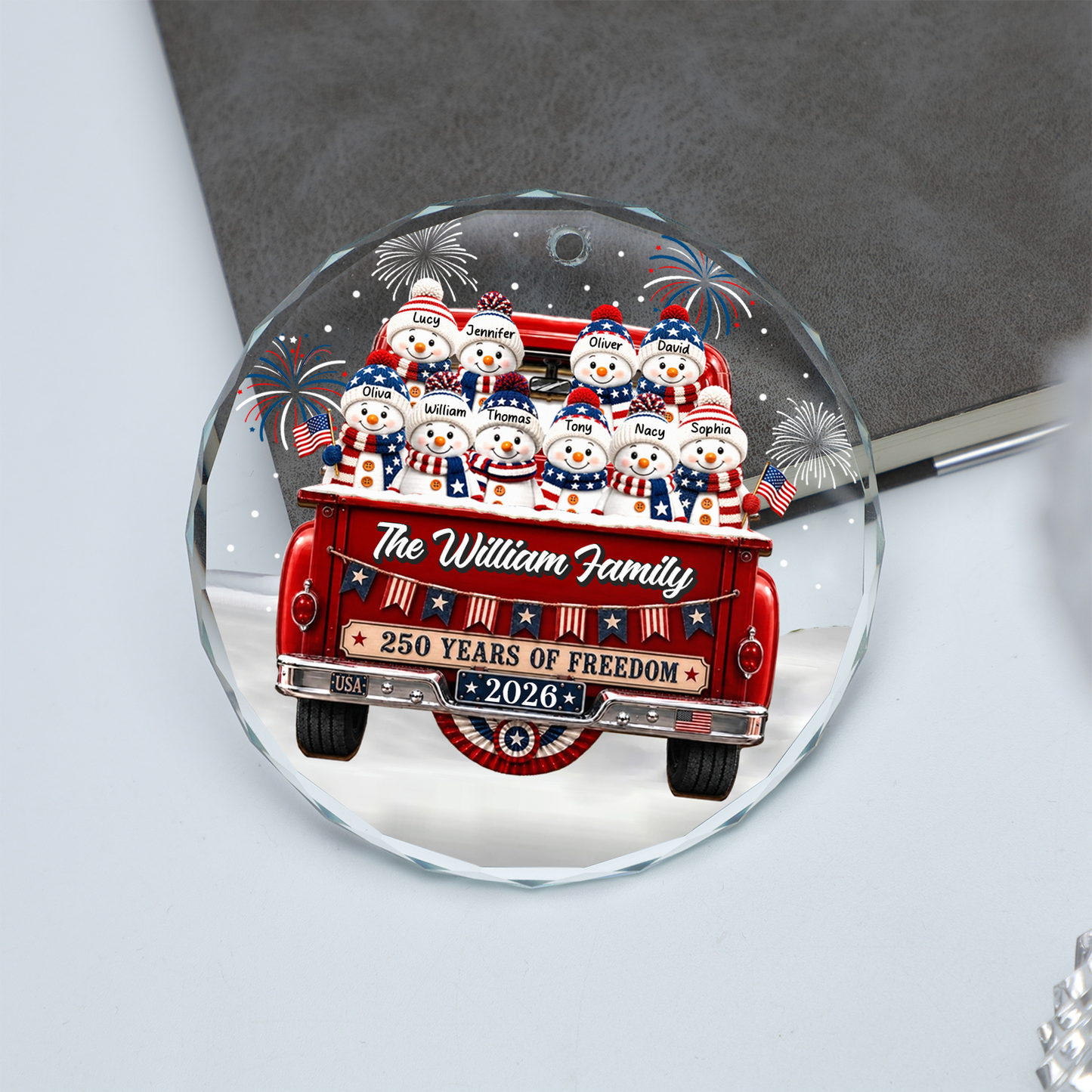 Personalized Snowman 250 Years Of Freedom Glass Ornament, Custom Name Christmas Ornament 685951