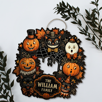 Custom Family Name Halloween Wooden Sign - Vintage Pumpkin & Black Cat Door Wreath 685857