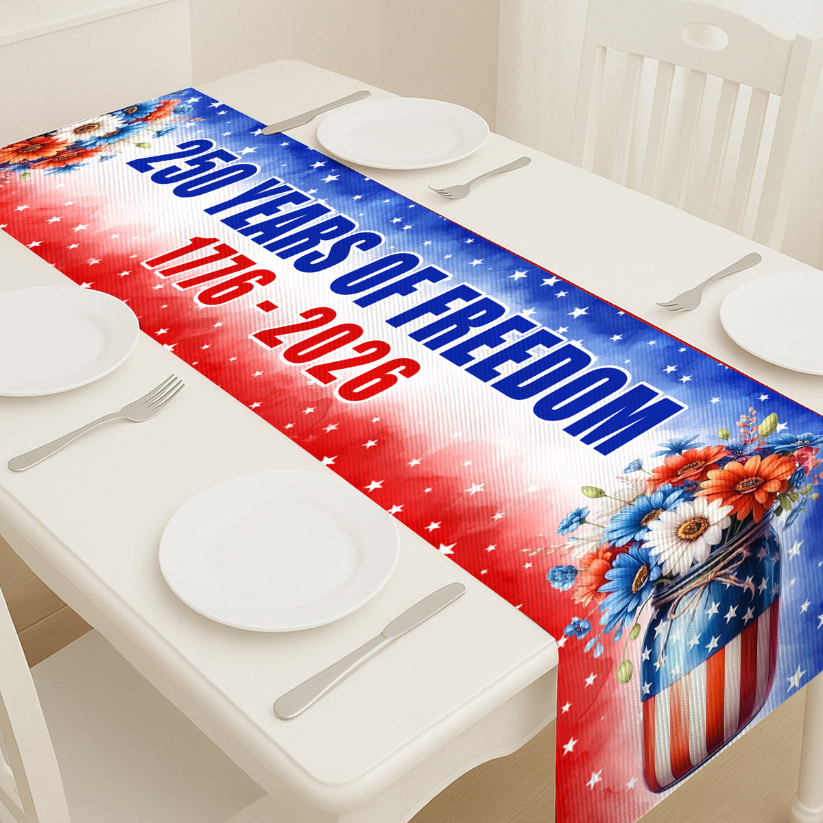 250 Years of Freedom Patriotic Table Runner | Red White and Blue Floral Decor | Independence Day Home Decoration 683642
