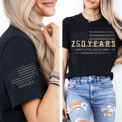 Personalized USA 250 Years Anniversary Dark Shirt | Custom Name Patriotic 4th Of July Front & Right Sleeve Shirt 684775