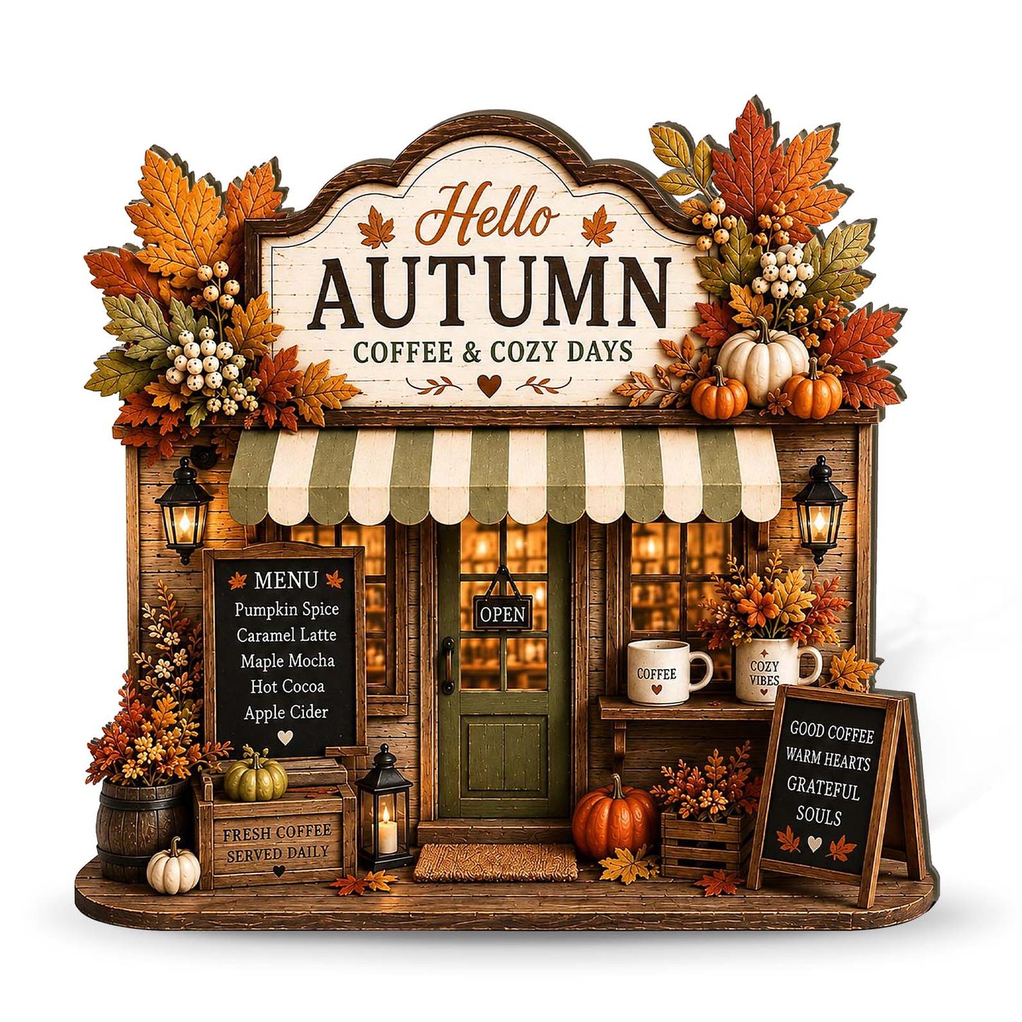 Autumn Coffee Shop Wooden Block, Cozy Coffee Bar Decor, Rustic Pumpkin Storefront Sign 685948