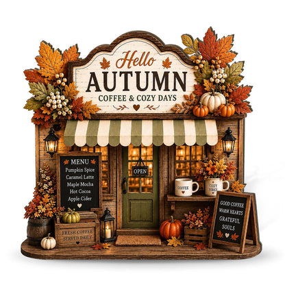 Autumn Coffee Shop Wooden Block, Cozy Coffee Bar Decor, Rustic Pumpkin Storefront Sign 685948