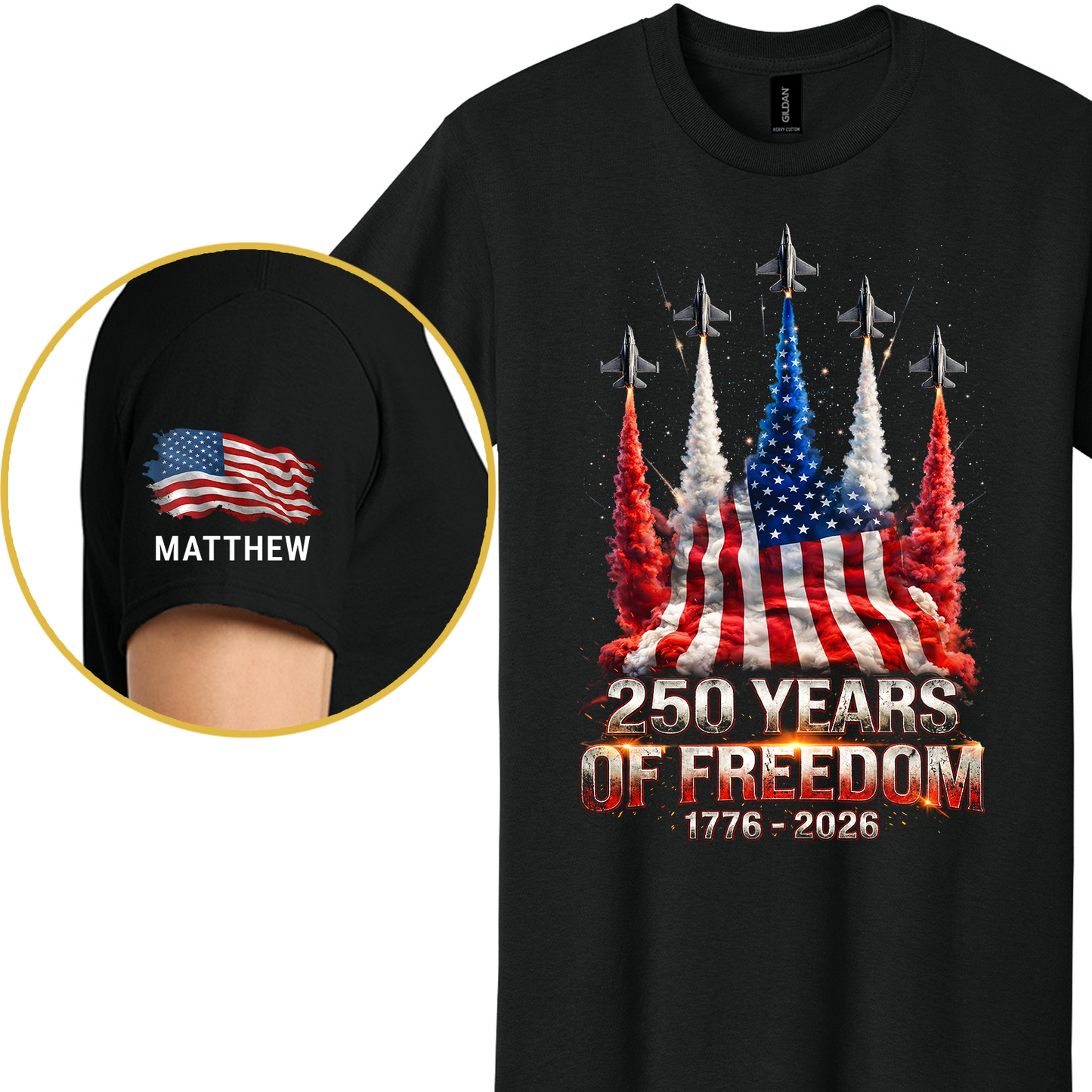 Personalized USA 250 Years Of Freedom Dark Shirt | Custom Name Patriotic 4th Of July Front & Sleeve Shirt 684851