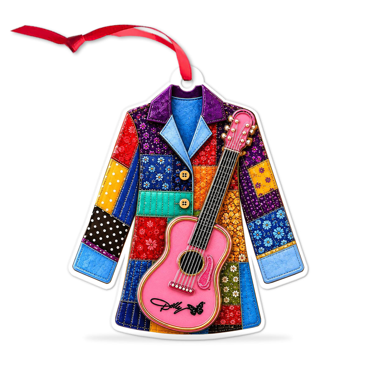 Dolly Parton Coat Of Many Colors Acrylic Ornament, Dolly Pink Guitar Christmas Ornament 686152