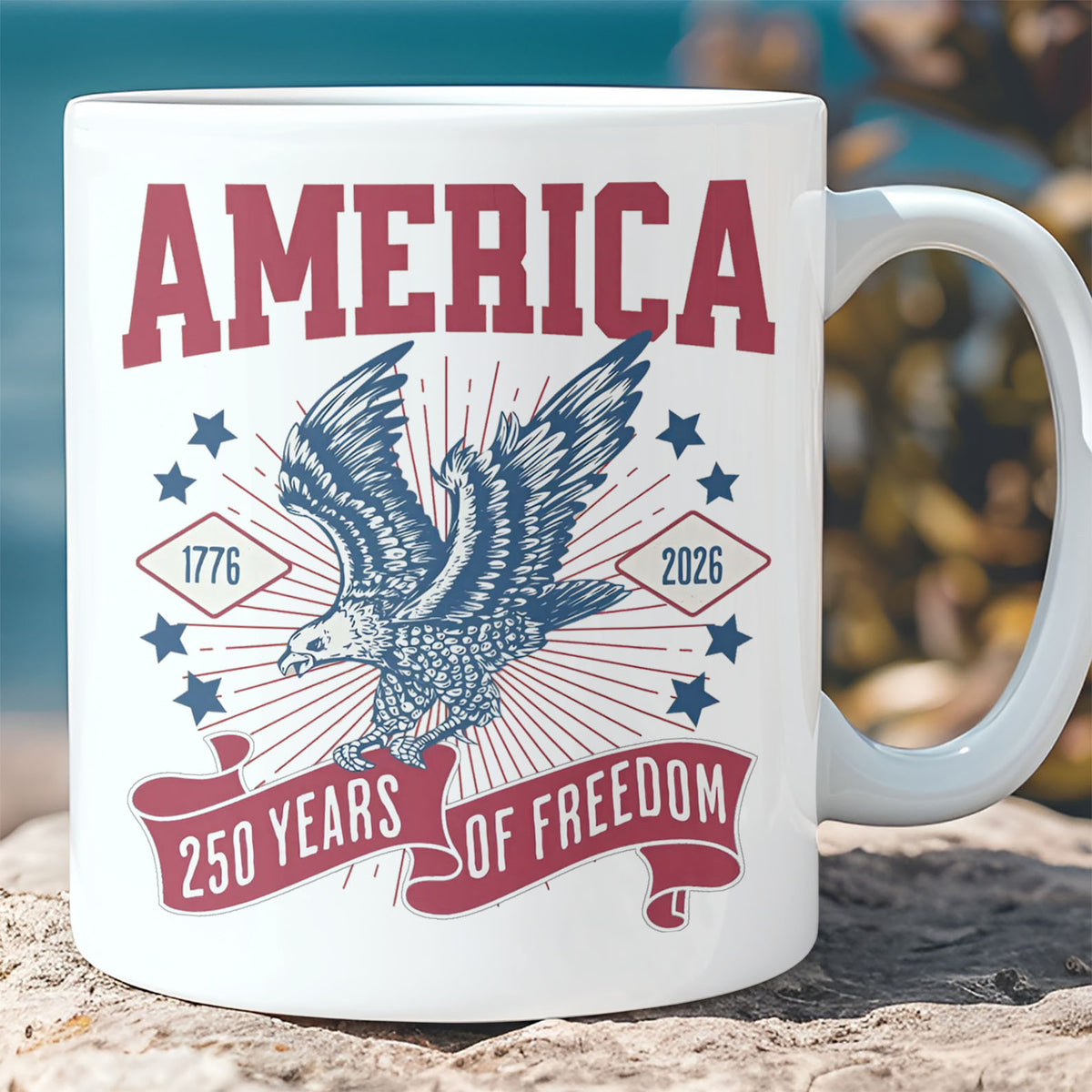 250 Years Of Freedom Mug | Happy 250th Birthday USA | America 250th Anniversary Mug | Patriotic Bald Eagle White Mug Accent Mug 682586