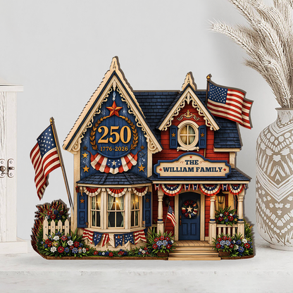 Custom Family Name USA 250th Anniversary Wooden Block | Personalized Wooden House Decor | Patriotic 4th Of July Decoration 685169