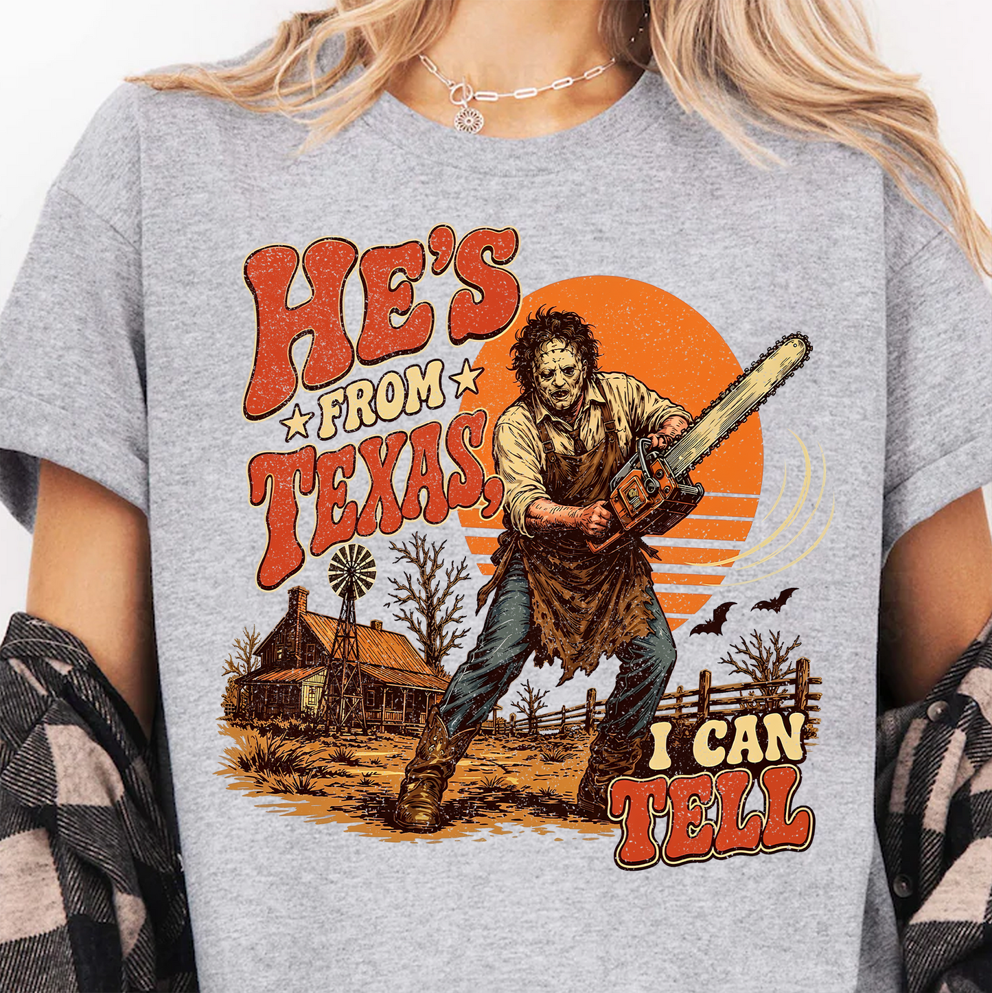 "He's From Texas I Can Tell" Halloween Shirt, Retro Horror Graphic Tee, Funny Halloween Gift 686147