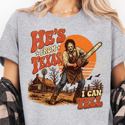 "He's From Texas I Can Tell" Halloween Shirt, Retro Horror Graphic Tee, Funny Halloween Gift 686147