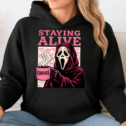 Funny "Staying Alive" Coffee Horror Dark Shirt, Funny Spooky Halloween Tee 685830