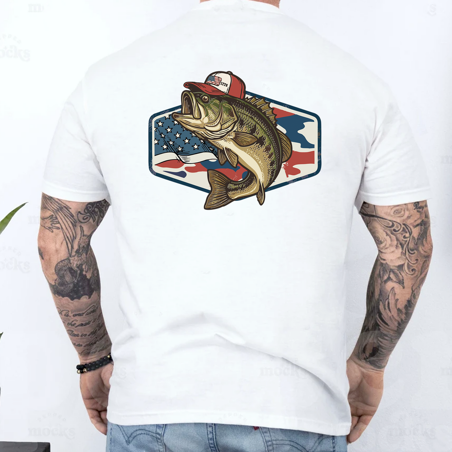 Patriotic Camo Bass Fishing Backside Shirt, USA 250th Anniversary Bright Tee, 4th Of July T-Shirt 685198