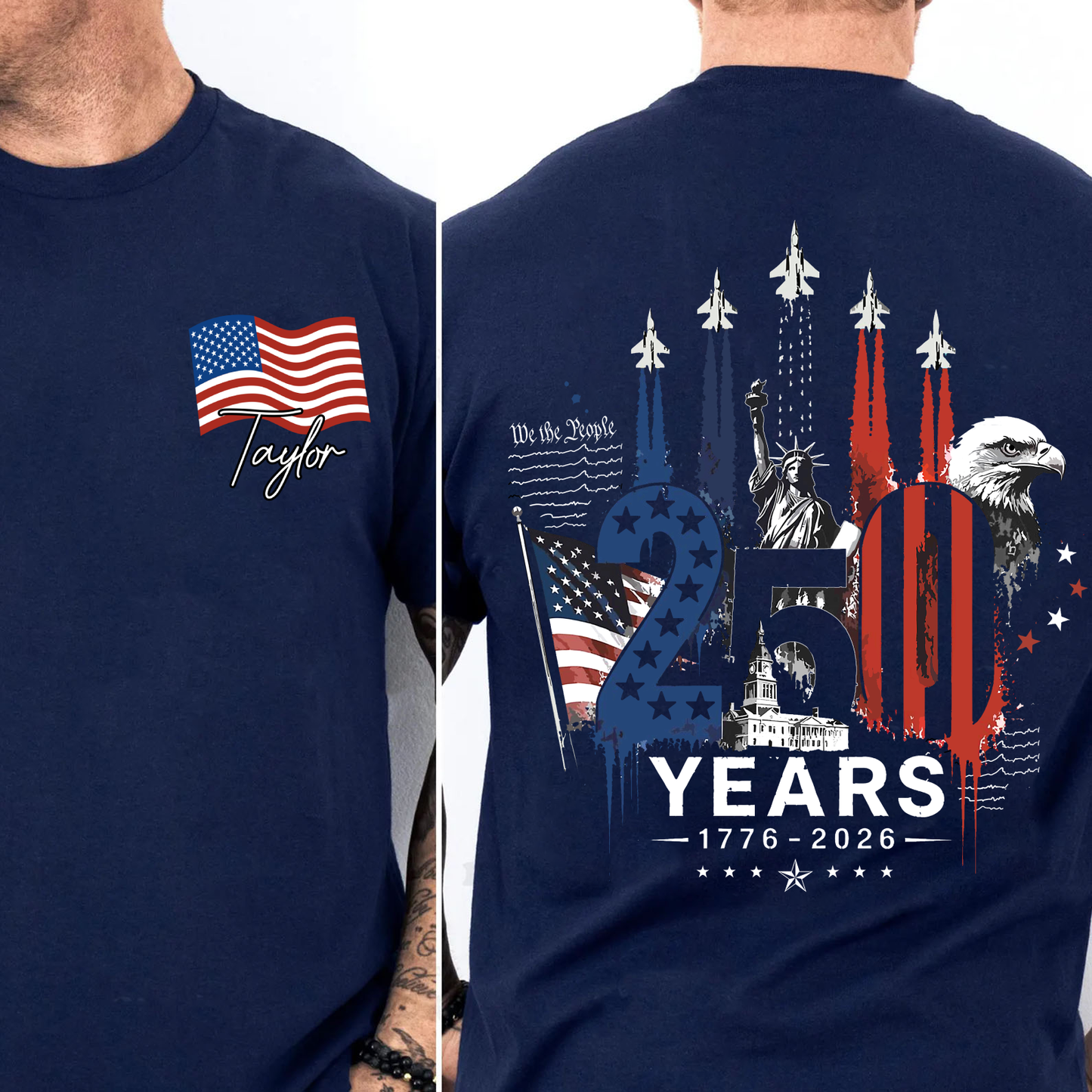 Personalized USA 250th Anniversary Pocket & Back Dark Shirt, 1776-2026 Fighter Jet Tee, Patriotic 4th Of July Gift 685274