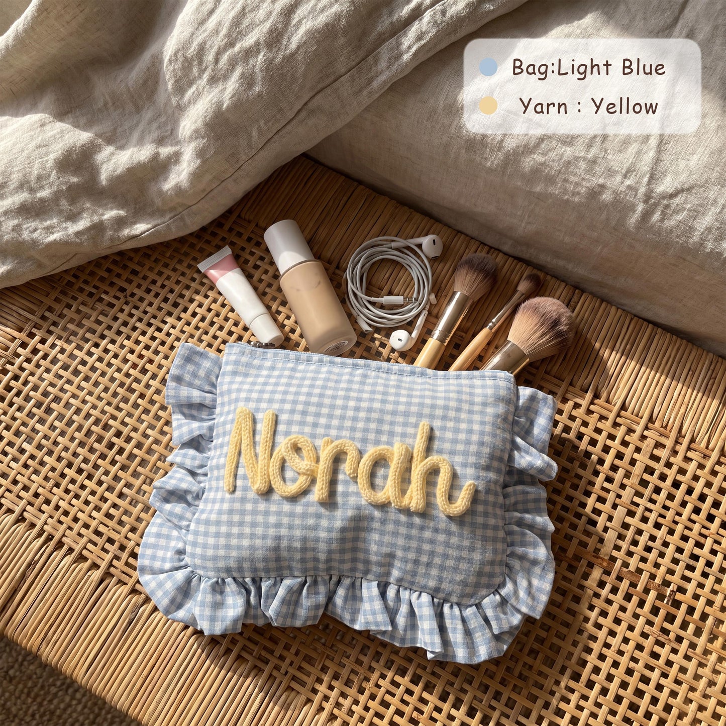 Personalized Ruffle Bridal Makeup Bag, Custom Chenille Name Cosmetic Pouch, Travel Toiletry Bag Gift For Her 685576
