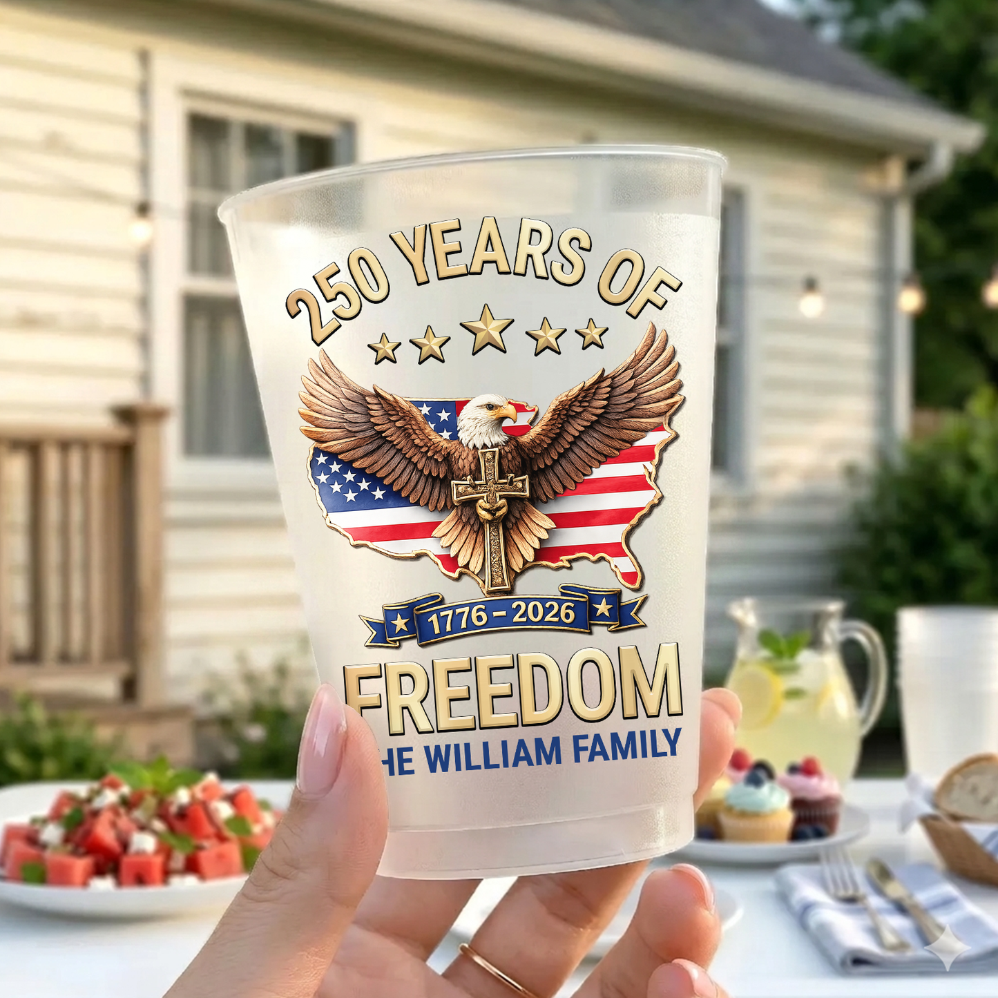 Personalized USA 250 Years Of Freedom Frosted Cups, 1776–2026 Eagle Party Cups, Custom Family Name Cups 684886