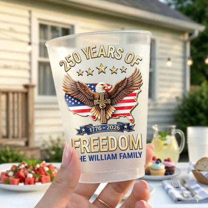 Personalized USA 250 Years Of Freedom Frosted Cups, 1776–2026 Eagle Party Cups, Custom Family Name Cups 684886