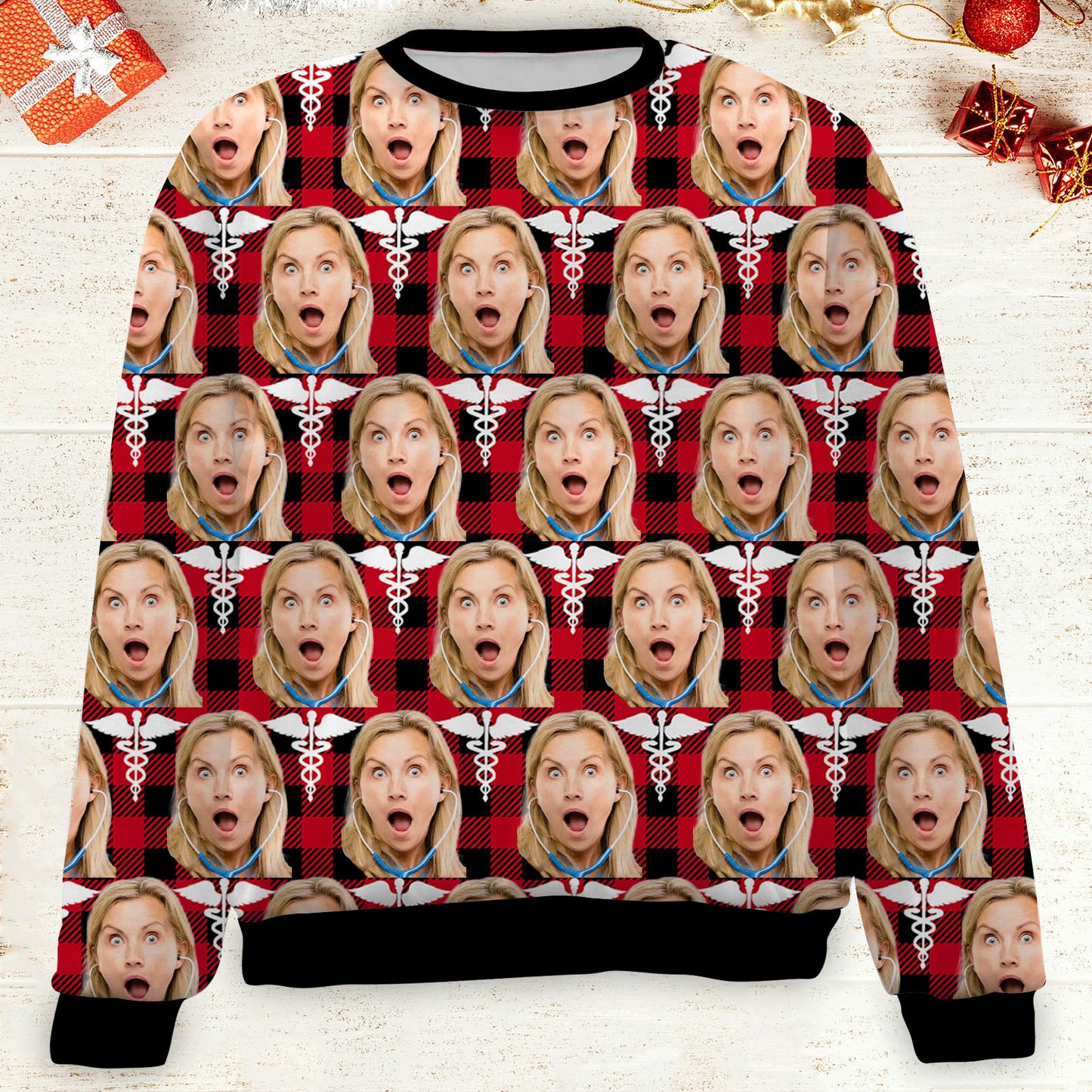 Custom Face Christmas Sweatshirt, Personalized Photo Nurse Theme Sweater, Christmas All-Over-Printed Sweatshirt 682645