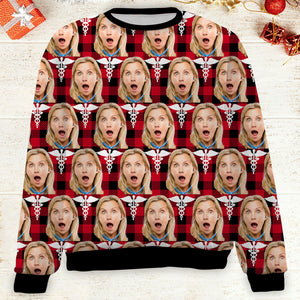 Custom Face Christmas Sweatshirt, Personalized Photo Nurse Theme Sweater, Christmas All-Over-Printed Sweatshirt 682645