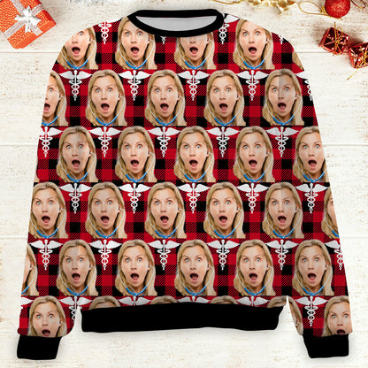 Custom Face Christmas Sweatshirt, Personalized Photo Nurse Theme Sweater, Christmas All-Over-Printed Sweatshirt 682645