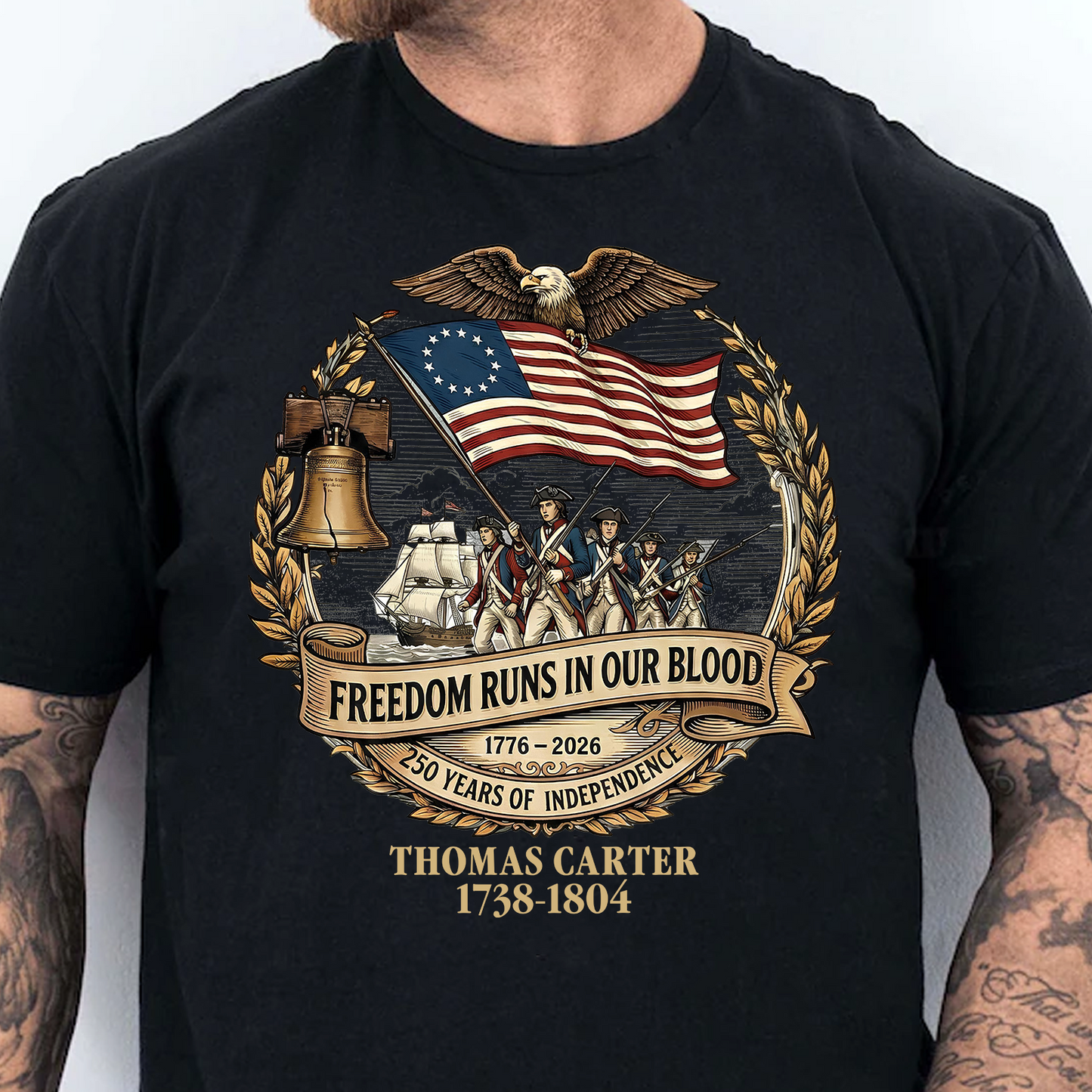 Personalized Freedom Runs In Our Blood Dark Shirt | Revolutionary War Ancestor Tee, Patriotic Tee 684478