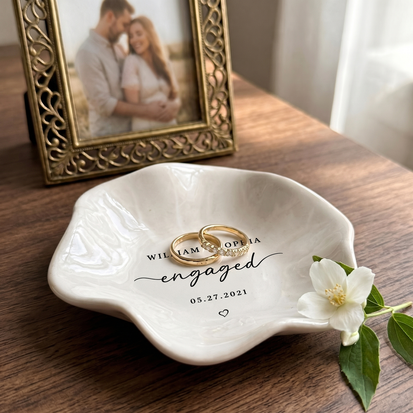 Custom Name Engagement Lotus Shape Jewelry Dish | Personalized Jewelry Dish | Wedding Gift For Couple 685500