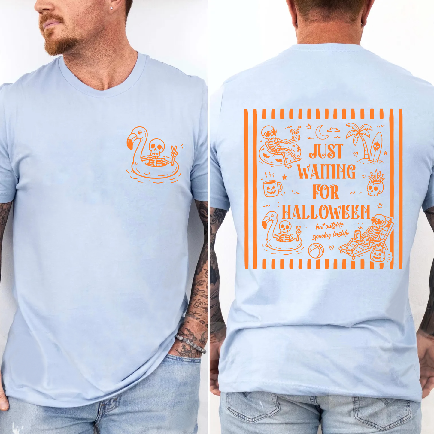 Just Waiting For Halloween Front & Back Bright Shirt, Summer Skeleton Striped Tee, Gift For Halloween 685625