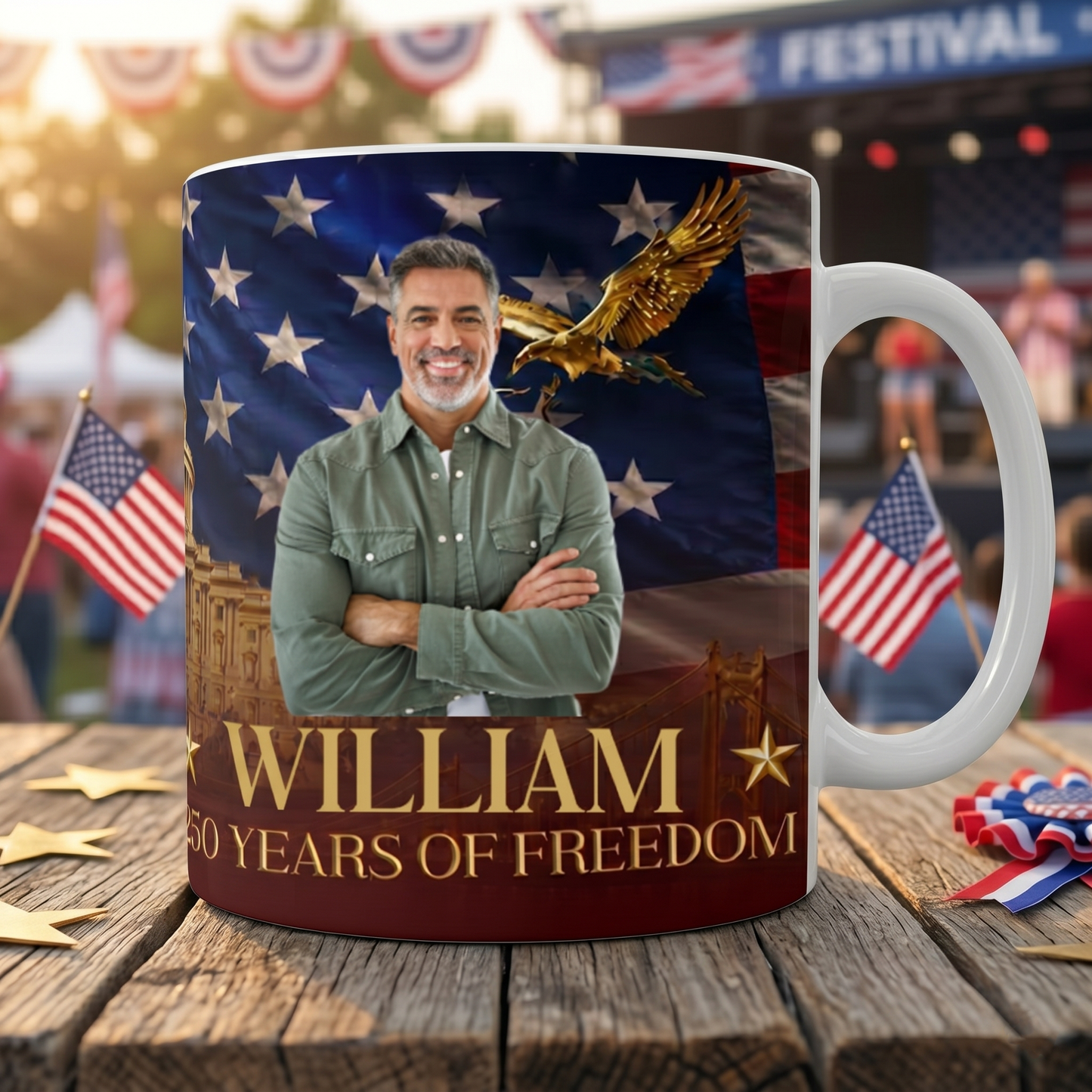 Custom Photo USA 250 Years Of Freedom Mug, Patriotic 4th Of July White Mug Accent Mug 685026