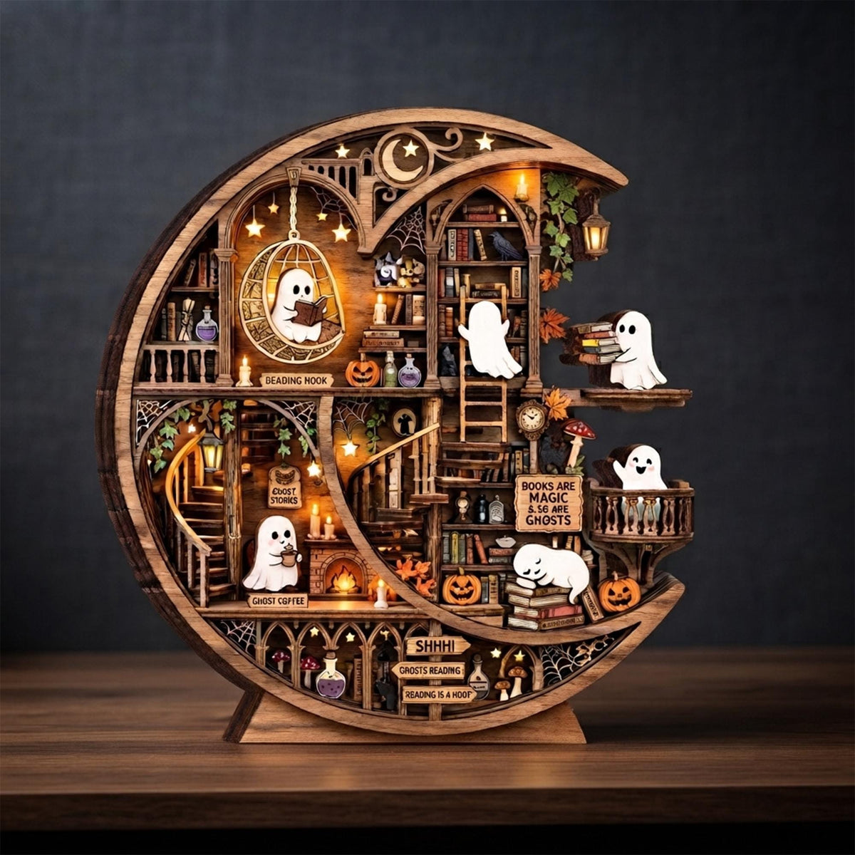 Halloween Ghost Library Wooden Block, Pumpkin Bookshelf Decor, Spooky Autumn Gift 686484 WFD