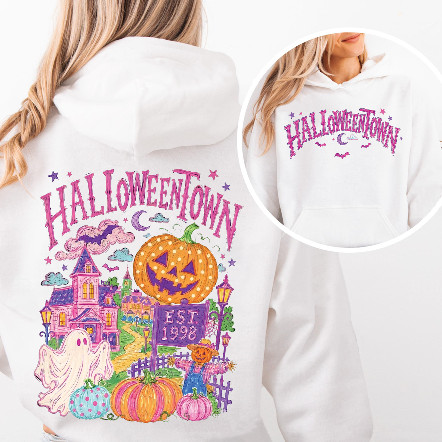 Retro Halloweentown Est 1998 Graphic Front & Back Bright Shirt, Trendy Pastel Halloween Apparel 685861