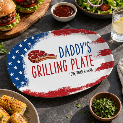 Personalized Daddy’s Grilling Plate, Custom Name BBQ Serving Tray Platter, 4th Of July Gift For Family 685222