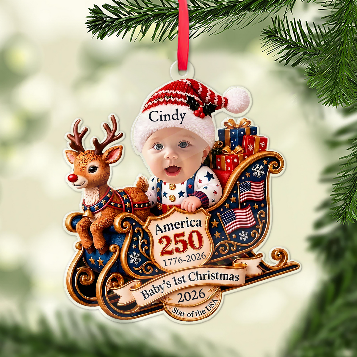 Personalized Baby's First Christmas Acrylic Ornament 2026, Custom Name Baby Sleigh Reindeer Tree Hanging Decor, America 250th Semiquincentennial Anniversary Keepsake Gift 686613