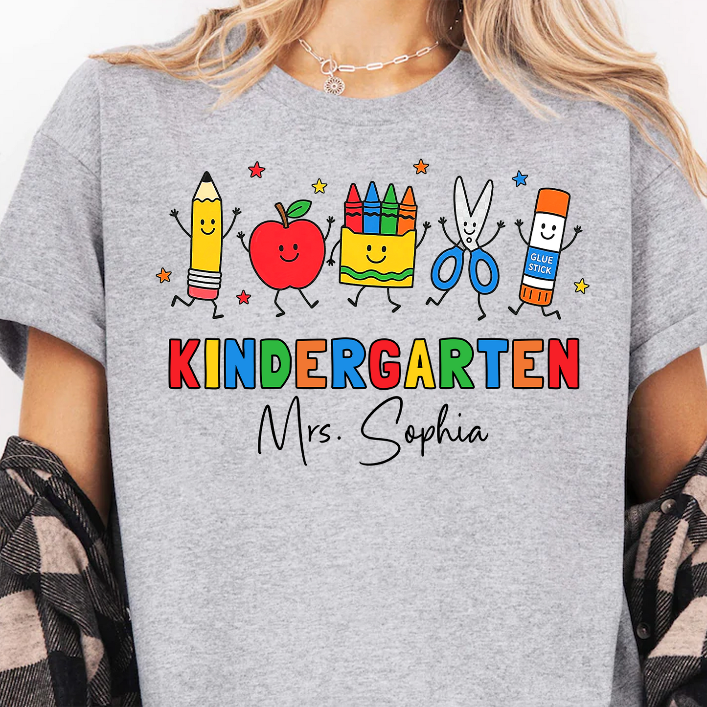 Custom Name Kindergarten Teacher Bright Shirt, Personalized Vintage School Supplies Tee, Back To School Gift 685731