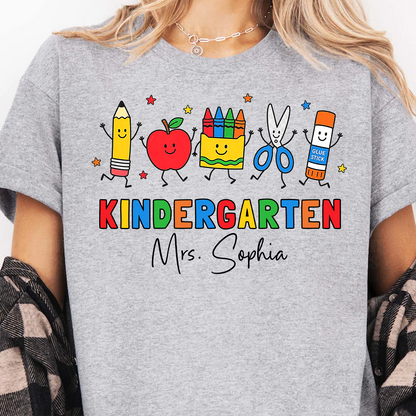 Custom Name Kindergarten Teacher Bright Shirt, Personalized Vintage School Supplies Tee, Back To School Gift 685731