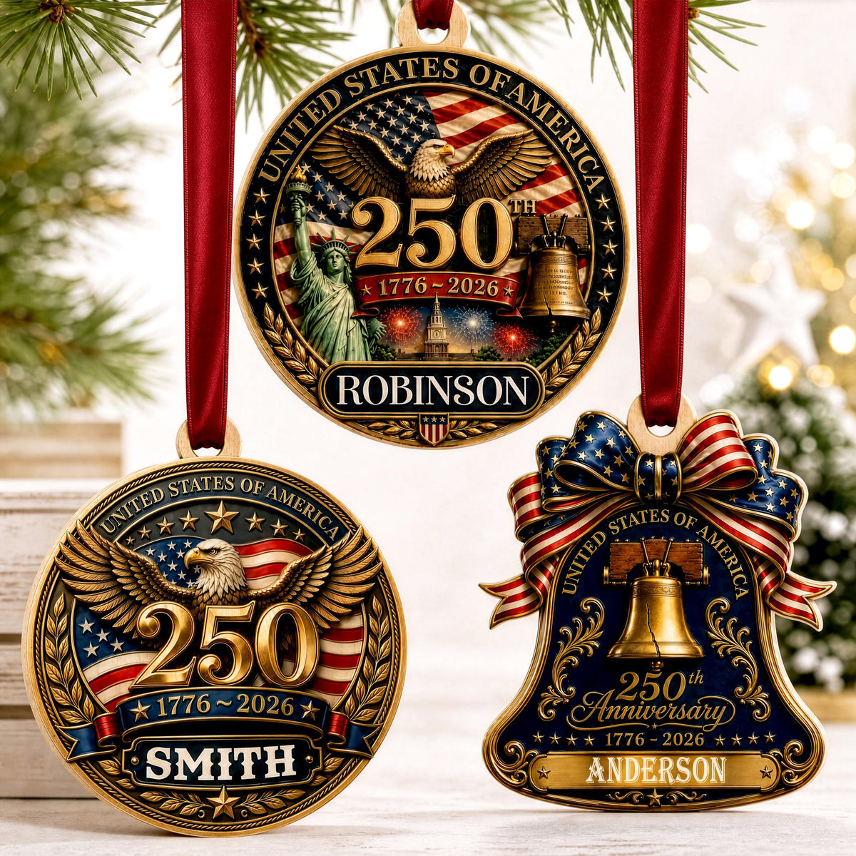 Personalized America 250th Anniversary Wood Ornament | USA Patriotic Liberty Bell Christmas Decoration 686483 WFD