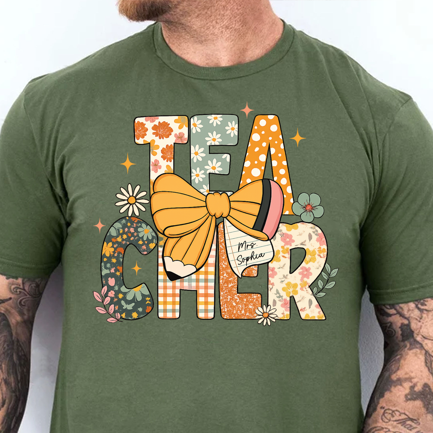 Custom Name Floral Teacher Bright Shirt, Personalized Vintage Pencil & Bow Tee, Back To School Gift 685710